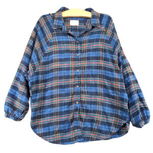 American Eagle Men's Button-Up Shirt Blue Plaid Medium Long Sleeve Raglan